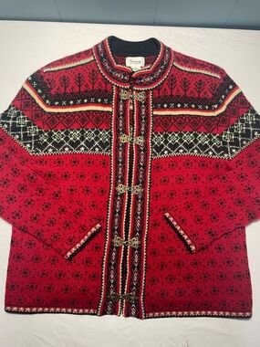 Cambridge Dry Goods Red Nordic-Style 100% Wool Cardigan with Ornate Clasps